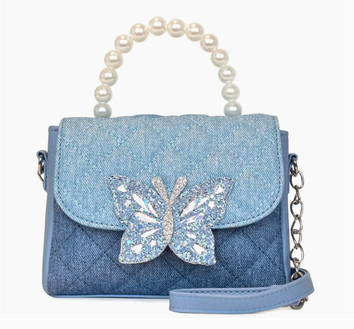 DENIM QUILTED BUTTERFLY TOP HANDLE MINI BAG