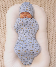 Load image into Gallery viewer, MILK AND COOKIES BLUE SWADDLE AND BEANIE SET
