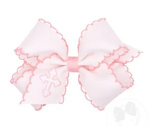 WEE ONES - MEDIUM BOW WHITE AND LIGHT PINK MOONSTICTH EDGE AND CROSS EMBROIDERY