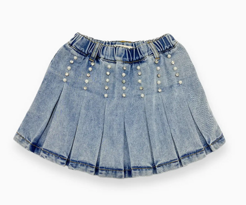 EMBELLISHED DENIM PLEAT SKORT
