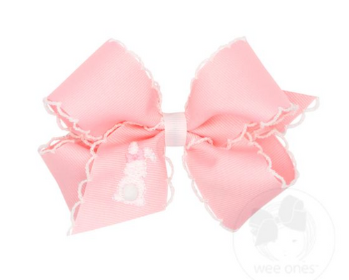 Medium Pink Grosgrain Bow with Moonstitch Edge and Easter-inspired Embroidery on Tail