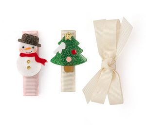 SNOWMAN TREE  & CREAM BOW HAIR CLIPS | LILIES & ROSES