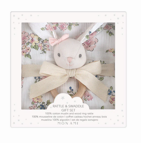 FRENCH FLORAL MUSLIN SWADDLE AND RATTLE GIFT SET
