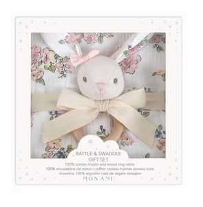 FRENCH FLORAL MUSLIN SWADDLE AND RATTLE GIFT SET
