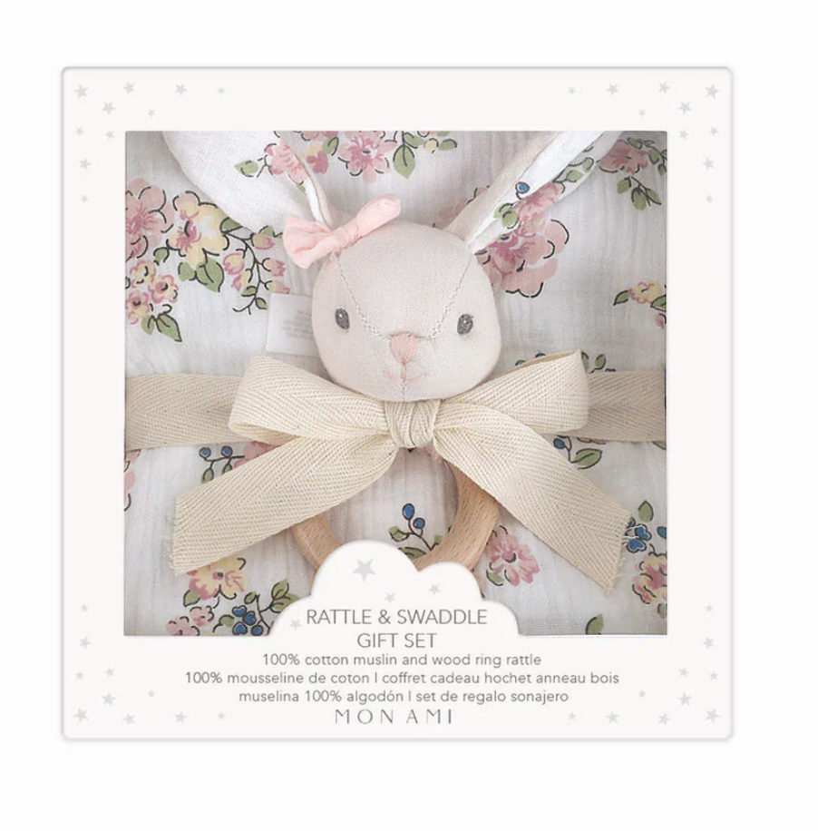 FRENCH FLORAL MUSLIN SWADDLE AND RATTLE GIFT SET