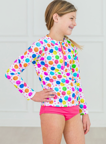 GIRLS STAR SMILE LONG SLEEVE ZIPPER RASH GUARD 2 PC