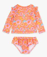 Load image into Gallery viewer, CORAL FLORAL SKIRTED FLUTTER LONG SLEEVE RASH GUARD BIKINI