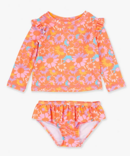 CORAL FLORAL SKIRTED FLUTTER LONG SLEEVE RASH GUARD BIKINI