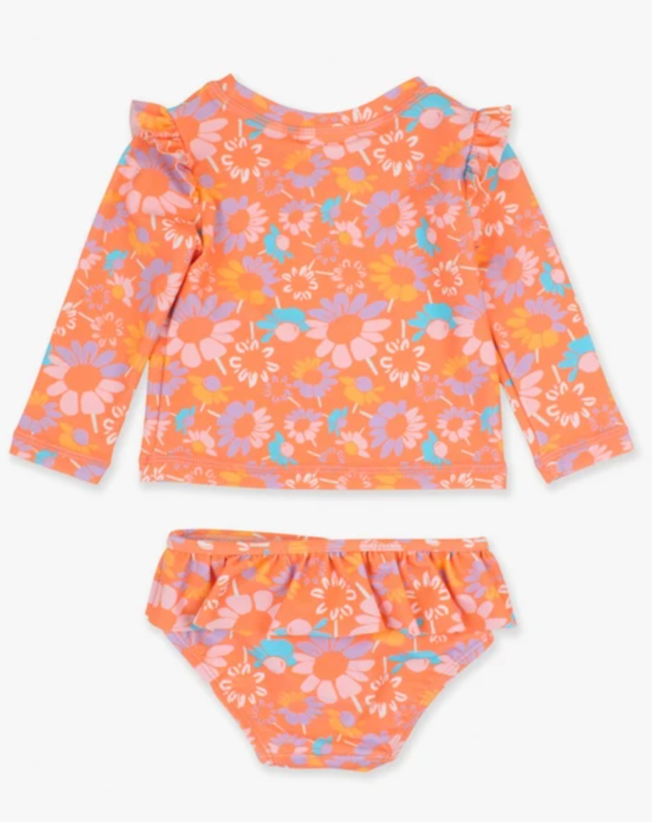 CORAL FLORAL SKIRTED FLUTTER LONG SLEEVE RASH GUARD BIKINI