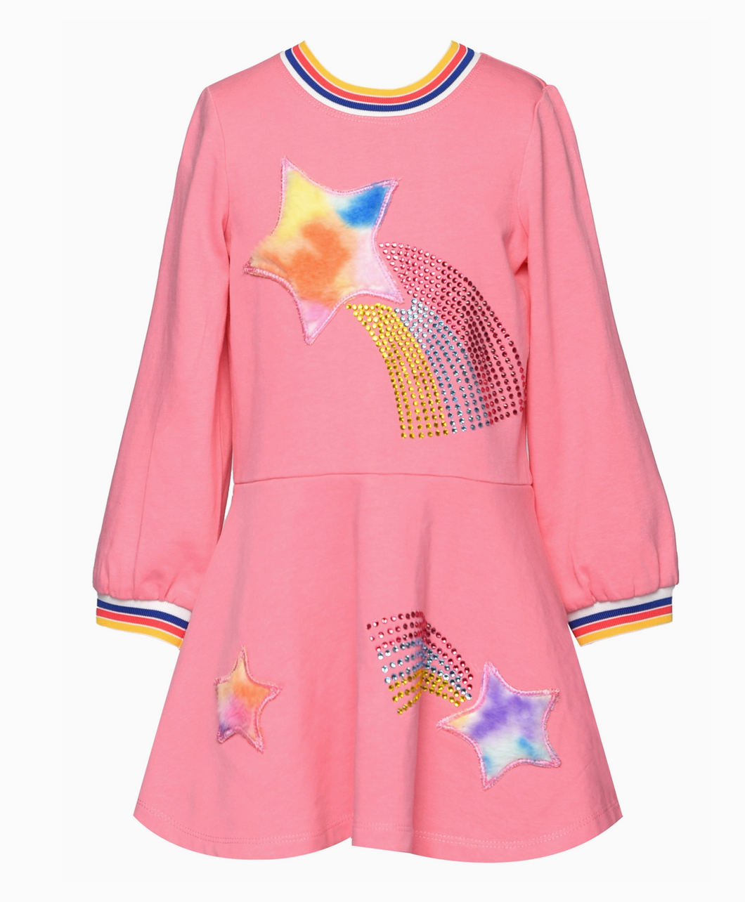 Baby Sarah | Long Sleeve Dress Faux Star Trim & Rainbow Rhinestones on Sale Baby Sarah | Long Sleeve Dress Faux Star Trim & Rainbow Rhinestones on Sale