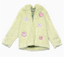 Load image into Gallery viewer, HOODED FAUX FUR COAT / SEQUIN HAPPY APPLIQUES | HANNAH BANANA