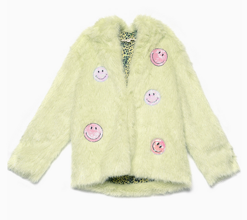 HOODED FAUX FUR COAT / SEQUIN HAPPY APPLIQUES | HANNAH BANANA