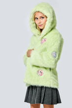 Load image into Gallery viewer, HOODED FAUX FUR COAT / SEQUIN HAPPY APPLIQUES | HANNAH BANANA
