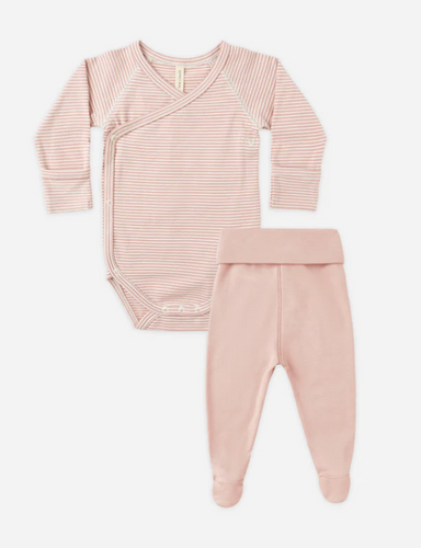 QUINCY MAE BABY SIDE SNAP BODY SUIT  + PANT SET | Rose Miicro Stripe