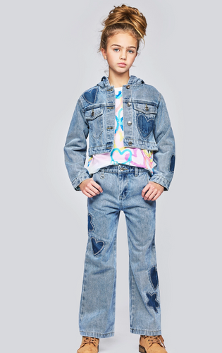 HANNAH BANANA, RHINESTONE SHADOW HEART/FLOWER DENIM JACKET
