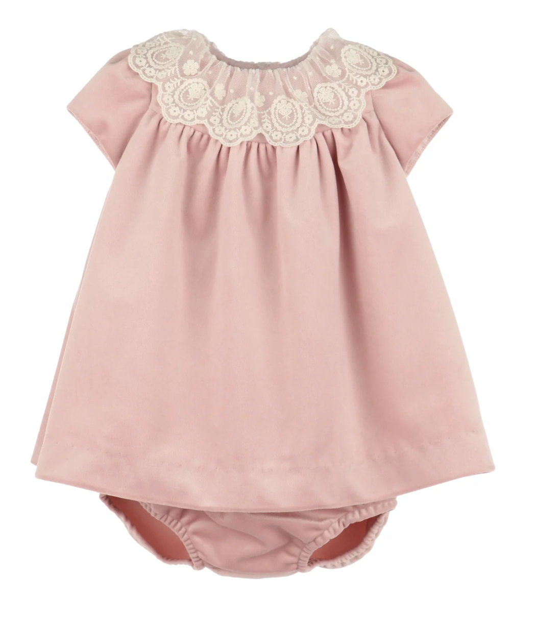 Luli & Me Deluxe Velvet Float Dress Rose - Lace Collar Luli & Me Deluxe Velvet Float Dress Rose - Lace Collar