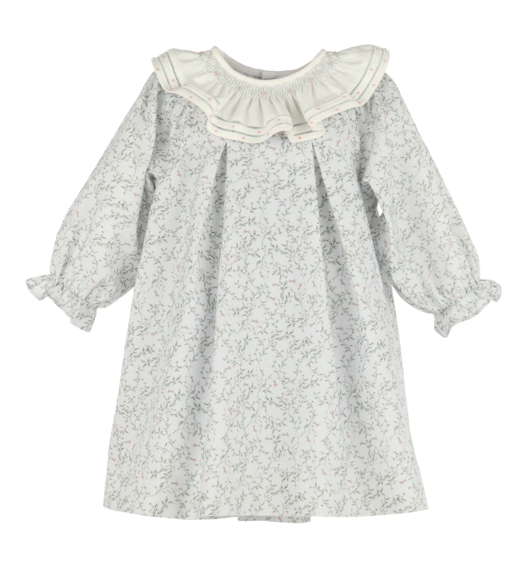 LULI & ME BABY & GIRL WILLOW FLORAL SMOCK RUFFLE COLLAR DRESS | BLUE