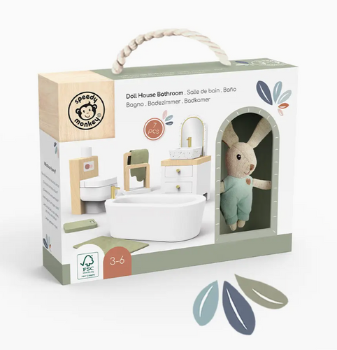 DOLL HOUSE BATHROOM SET + 1 DOLL             SPEEDY MONKEY