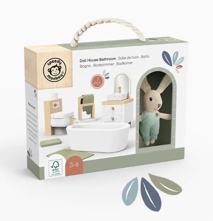 DOLL HOUSE BATHROOM SET + 1 DOLL             SPEEDY MONKEY