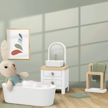 Load image into Gallery viewer, DOLL HOUSE BATHROOM SET + 1 DOLL             SPEEDY MONKEY