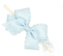 Load image into Gallery viewer, WEE ONES BABY SMALL GROSGRAIN HAIR HEADBOW | EMBOSED EYELET EDGE ON WHITE HEADBAND LIGHT PINK AND MORE COLORS