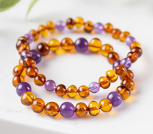 Load image into Gallery viewer, R.B.Amber Amethyst + Cognac Amber Bracelet           ADULT SIZES