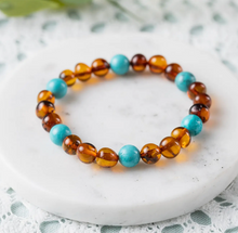 Load image into Gallery viewer, R B AMBER TURQUOISE AND COGNAC AMBER BRACELET ADULT 6.5 INCHES