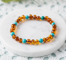 Load image into Gallery viewer, R B AMBER TURQUOISE AND COGNAC AMBER BRACELET ADULT 6.5 INCHES