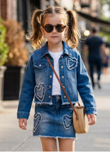 Load image into Gallery viewer, HANNA BANANA DENIM JACKET W/HEART PATCH DETAIL