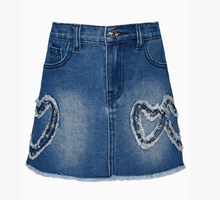 Load image into Gallery viewer, HANNA BANANA DENIM MINI SKIRT W/HEART PATCH DETAIL