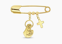 Load image into Gallery viewer, IN SEASON JEWELRY 14 K GOLD VIRGIN MARY CHARM  Baby / Toddler / Kids Safety Pin Brooch