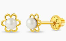 Load image into Gallery viewer, IN SEASON 14 K GOLD FLOWER FRESHWATER PEARL BABY TODDLER &amp; GIRL EARRINGS