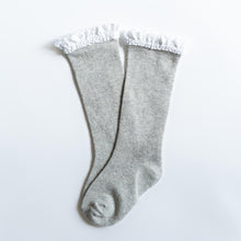 Load image into Gallery viewer, LITTLE STOCKING GRAY + WHITE LACE KNEE HIGH