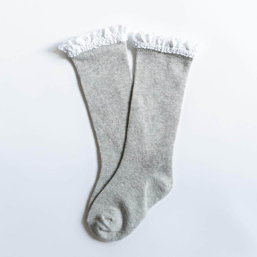 LITTLE STOCKING GRAY + WHITE LACE KNEE HIGH