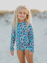 Load image into Gallery viewer, GIRLS TINY BLUE FLORAL PRINT RASHGUARD  SWIMSUIT