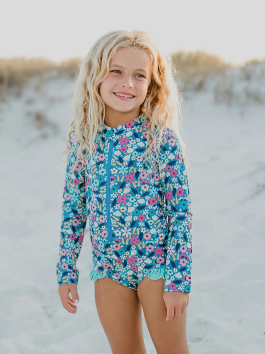 GIRLS TINY BLUE FLORAL PRINT RASHGUARD SWIMSUIT – Lullaby Baby And Child